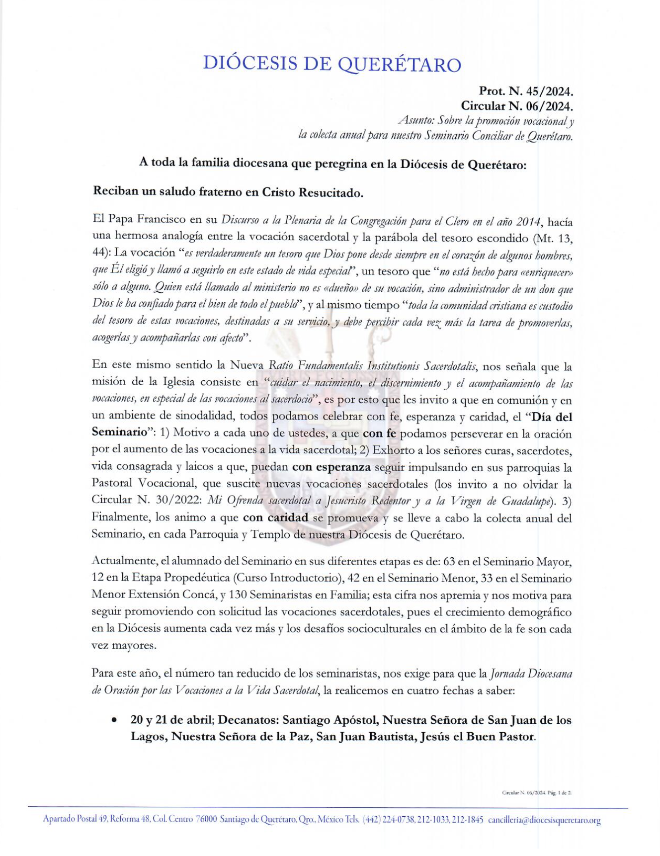 Circular N. 06/2024. Prot. N. 45/2024. Asunto: Sobre la promoción vocacional y la colecta anual para nuestro Seminario Conciliar de Querétaro. 1